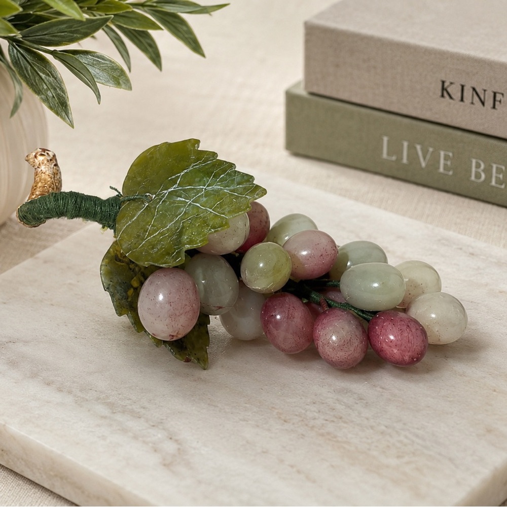 Vintage Polished stone Green Purple Ripening grapes cluster 5” MCM faux fruit